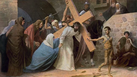 Jesus trifft seine Mutter Maria, während er sein Kreuz trägt